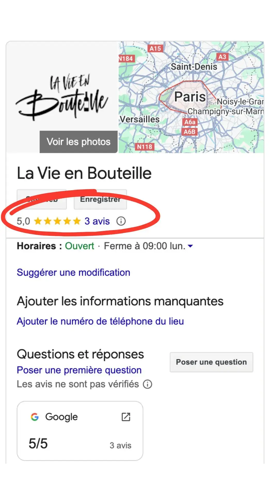 Exemple de fiche Google My Business sur mobile